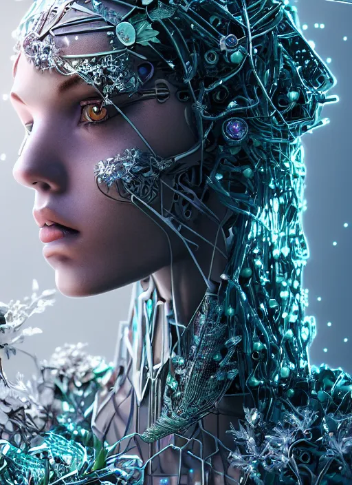 Image similar to beautiful female robot covered by plants and crystals in the mystical forest, beautiful symmetrical face, chrome parts, opal crystals, renaissance style, cyber punk, sci - fi, filigree jewellery, baroque, cinematic light, mystical shadows, 8 k, octane render