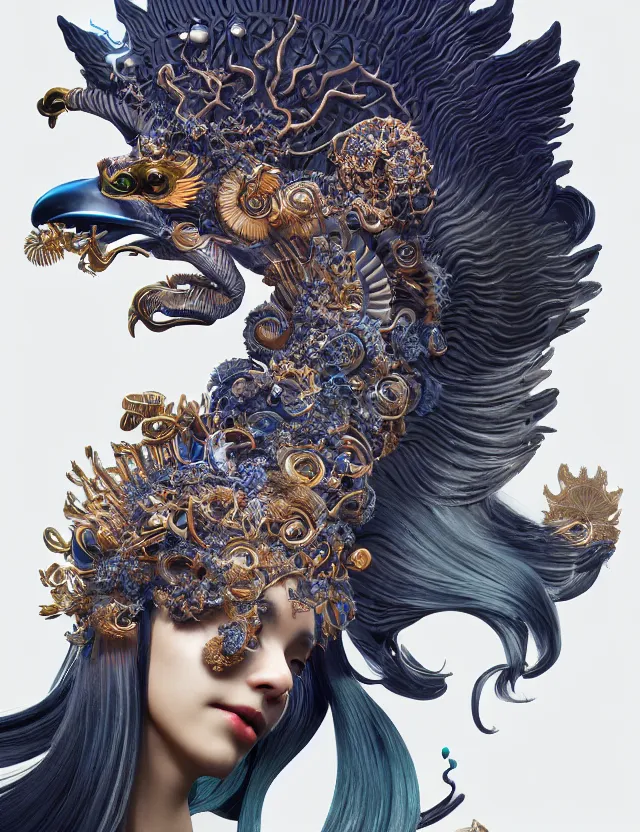 Image similar to 3 d goddess close - up profile portrait with crown, ram skull. beautiful intricately detailed japanese crow kitsune mask and clasical japanese kimono. betta fish, jellyfish phoenix, bio - luminescent, plasma, ice, water, wind, creature, artwork by tooth wu and wlop and beeple and greg rutkowski