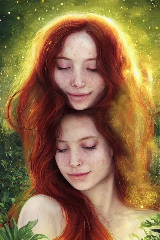 Image similar to infp young woman, smiling, amazed by golden fireflies lights, sitting in the midst of nature fully covered, long loose red hair, intricate linework, green eyes, small nose with freckles, oval shape face, realistic, expressive emotions, dramatic lights, spiritual scene, hyper realistic ultrafine art by cecco del caravaggio and albert bierstadt and artgerm