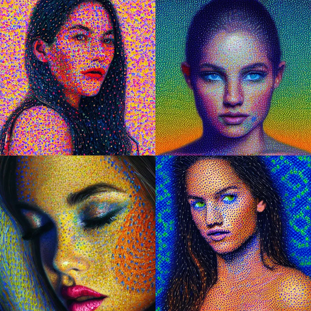 Prompt: a beautiful detailed pointillism art of a girl in the face biting her lip, centered, by chuck close, trending on artstation, vivid colors, dim dusk lighting, cinematic lighting, detailed lighting, volumetric lighting, realistic, f 8, 4 k hd wallpaper