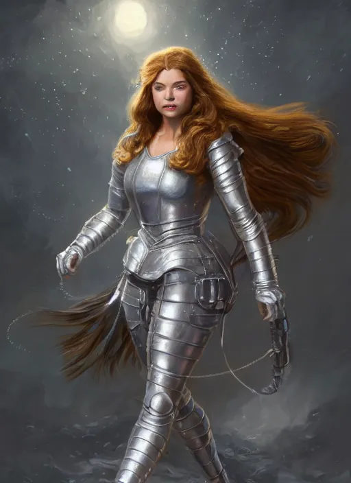 Image similar to beautiful female dorothy gale, rebecca romijn as dorothy, full body character concept, full metal armor, silver metallic, super powers, fantasy, intricate, elegant, highly detailed, digital painting, artstation, concept art, shining, sharp focus, illustration, art by stanley lau