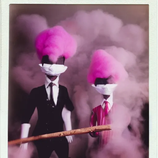 Image similar to polaroid of figures made from cotton candy, smoke and sticks, wearing top hats and huge masks