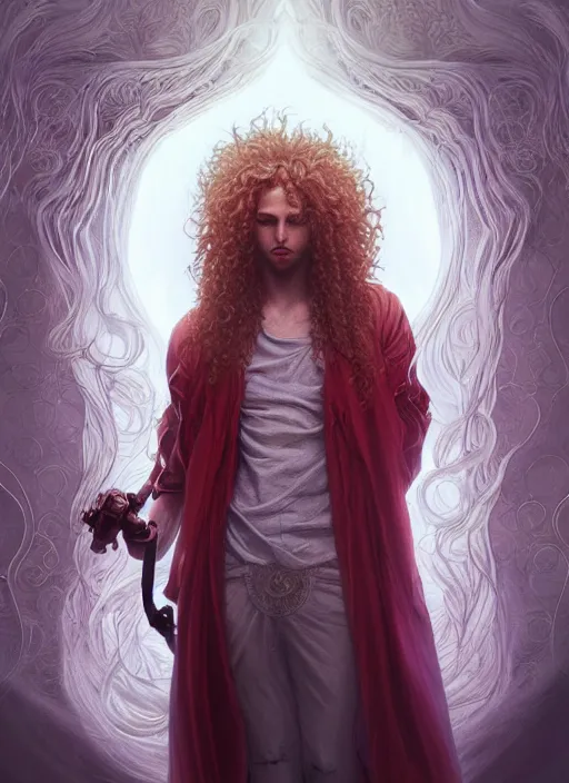 Prompt: cthonic resonance, red and white glowing fractals, genetically augmented pale white young man with long fluffy blond curly hair, fantasy, extremely detailed, digital painting, artstation, concept art, smooth, sharp focus, illustration, stunning lighting, art by artgerm and greg rutkowski and alphonse mucha and simon stalenhag, realistic character concept, high fantasy, dark atmosphere, golden ratio, cinematic lighting, hyperdetailed, high resolution, insanely detailed and intricate, artstation, Marc Simonetti, Greg Rutkowski, 8k