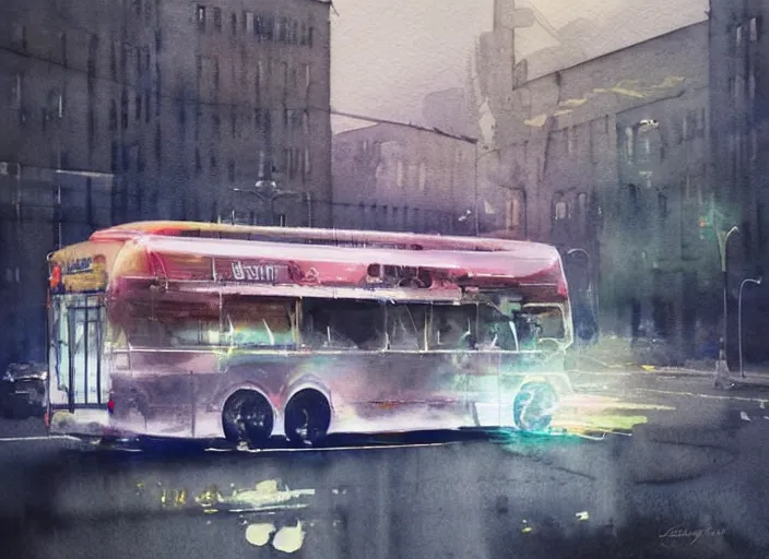 Image similar to concept art of a urban bus, pinterest, artstation trending, behance, watercolor, by coby whitmore, silver, laser light,