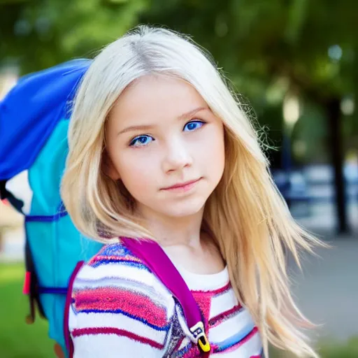 Image similar to a blonde girl waiting for the school bus, detailed face, sunny