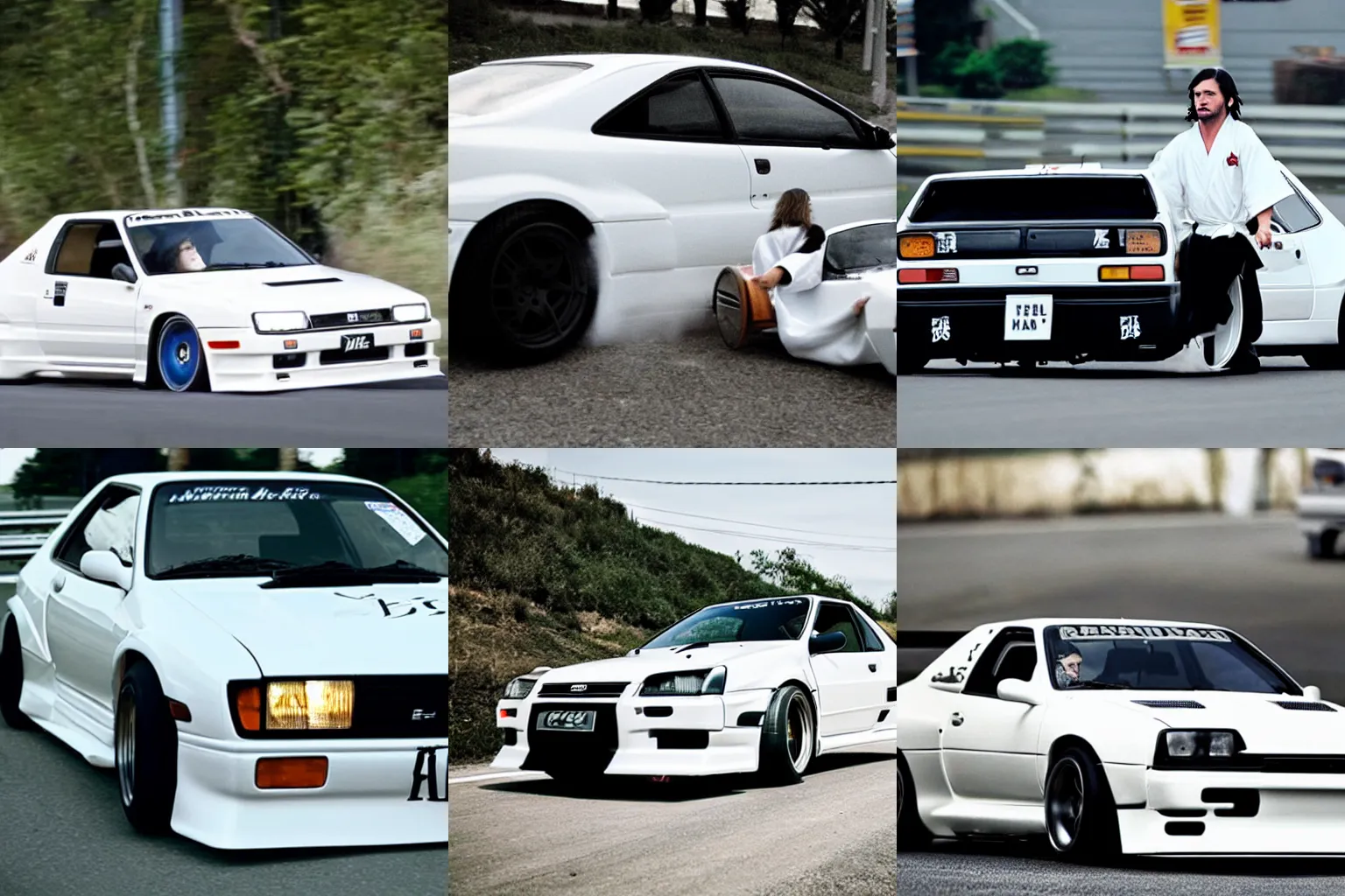 Prompt: a guy with long hair, short beard and white robe drifting an ae86