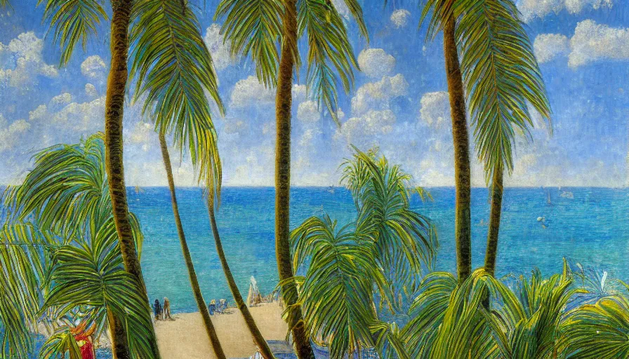 Image similar to a ultradetailed beautiful painting of the amazonas palace balustrade designed by jules bastien - lepage, tarsila do amaral, frank weston and gustave baumann, beach, trending on artstation, mediterranean, palm trees, sharp focus, colorful refracted sparkles and lines, soft light, 8 k 4 k