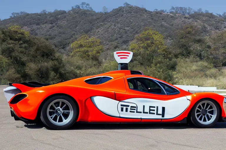 Image similar to 1970s McLaren P1 racing a Tesla cyber truck on the California Ochoa