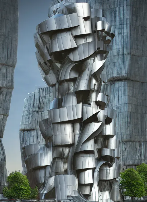 Image similar to highly detailed realistic architecture 3 d render of a futuristic stele monument in frank gehry style standing in city park, archdaily, made in unreal engine 4 octane render