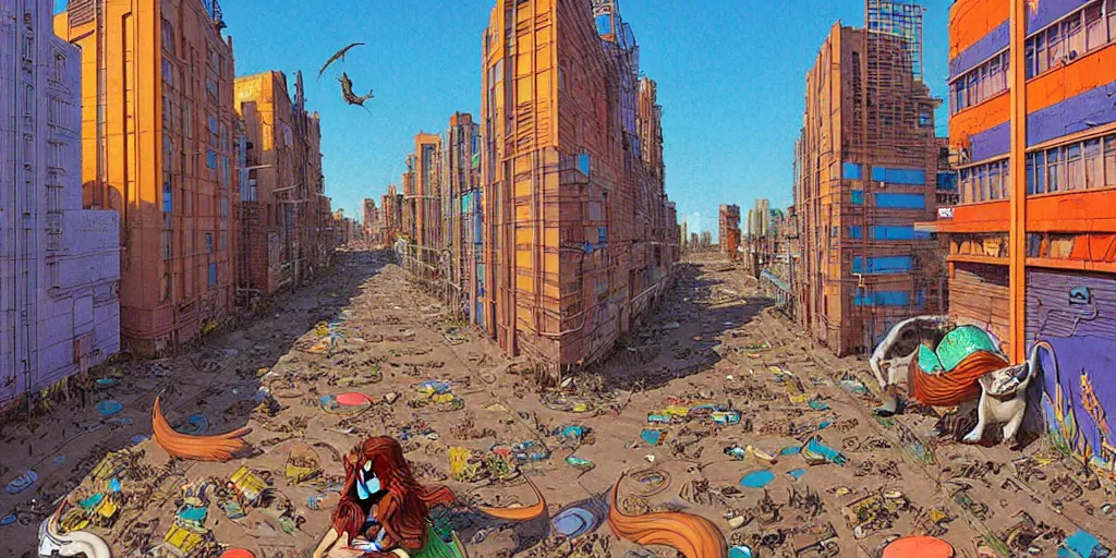 Prompt: a city of recycled materials, colorful murals, low buildings, and animal people in the streets, art by james gurney, art by moebius, detailed