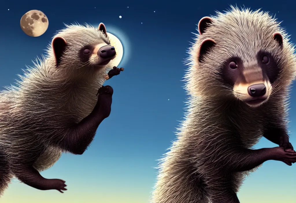 Image similar to cute honey badger at a beach looking at the moon, ultra realistic, concept art, highly detailed