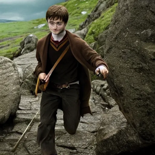 Image similar to daniel radcliffe as harry potter walking, in orodruin from lord of the rings, lava, mountain