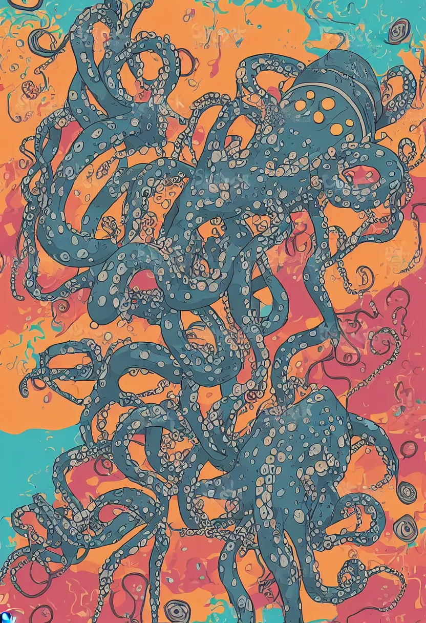 Image similar to concert poster for band named 'Grandpa Finger', robotic octopus, vector art, sticker design, 8k, highly detailed