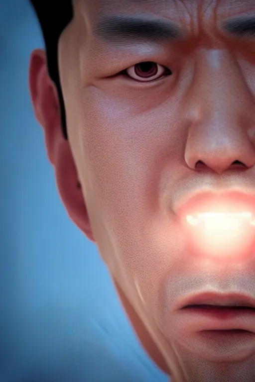 Image similar to hyperrealistic close-up very expressive biomechanic chinese man highly detailed concept art eric zener elson peter cinematic blue lighting high angle hd 8k sharp shallow depth of field