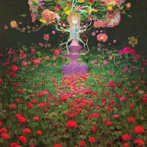 Prompt: hyper detailed illustration - flowers everywhere, long petals, entangled foliage, glowing blossoms, huge blossoms, by James Jean, Masterpiece, Edward Hopper and James Gilleard, Ross Tran, Mark Ryden, Wolfgang Lettl, hints of Yayoi Kasuma, surreal