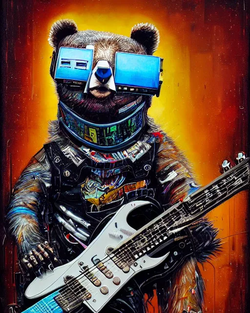 Prompt: a portrait of an anthropomorphic cyberpunk bear shredding an electric guitar by sandra chevrier, by jon foster, detailed render, tape deck, epic composition, cybernetics, 4 k realistic, cryengine, realistic shaded lighting, sharp focus, masterpiece, by enki bilal