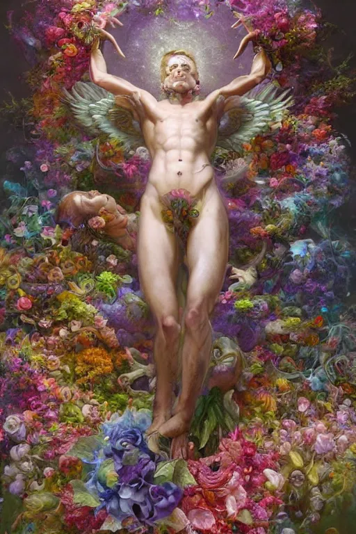 Image similar to beautiful model god of psychedelics dancing in a vortex made of flowers, diamonds, angel, fantasy, dramatic lighting, highly detailed, digital painting, holding electricity, magic the gathering, hyper detailed, 3 d render, hyper realistic detailed portrait, peter mohrbacher, wlop, ruan jia