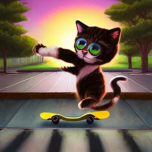 Prompt: Extremely cute and adorable 8k HD key visual of a cat skateboarding on a ramp at sunset, official media, lowbrow painting by Mark Ryden. The art style is quite chibi, with large heads and big wide eyes. 3D render diorama Macro photography