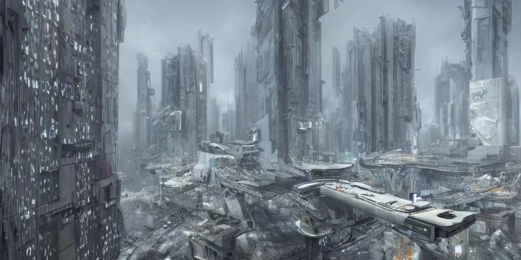 Prompt: complex and futuristic cyberpunk robot city made out of white marble and brutalist concrete with falling snow, photo by jim burns, peter andrew jones, michael hutter, sharp digital painting. dreaming latent space. matte painting, concept art. artstation. digital render, award winning architecture, hdrp, ue 4, ue 5, revit, autodesk, autocad