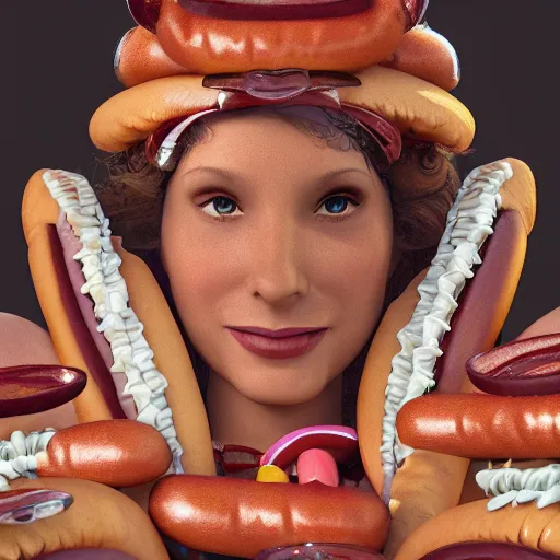 Prompt: the hot dog queen, 4 k, intricate detailed, jaw dropping, gorgeous, surreal, octane render