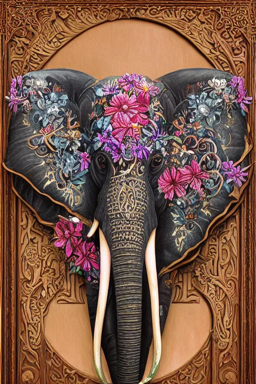 Image similar to Painted dark-wood panel relief carving of a close up of a Flowerpunk Matriarch Elephant, ornate border frame, explosion of colorful flowers, dark wood, intricately carved, black ink, festival of rich colors, intricate details, cinematic lighting, volumetric lighting, post-processing, art nouveau, by andreas rocha and john howe, and Martin Johnson Heade, featured on artstation, featured on behance, golden ratio, hyper detailed, photorealistic, epic composition, center spotlight, f32, well composed, UE5, 8k