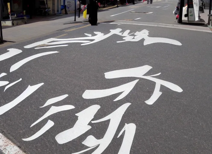 Image similar to a beautiful calligraphic kanji painted on the street, akira style, natural light