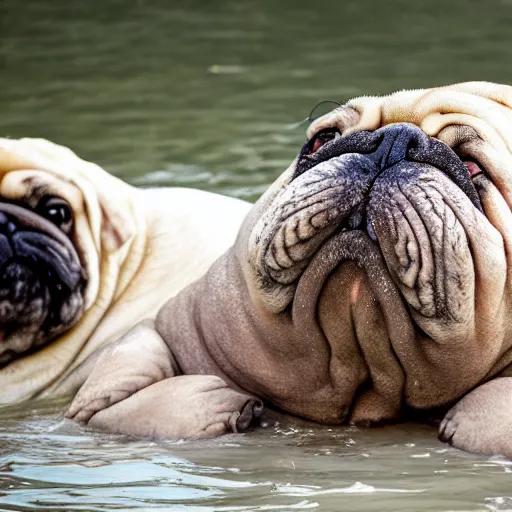 Image similar to a Walrus-Pug Hybrid, A Walrus that looks like a pug, huge tusks, afternoon hangout, good times photograph, candid