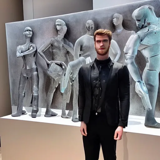 Image similar to “ a realistic detailed photo of a guy who is an attractive humanoid who is half robot and half humanoid, who is a male android, actor liam hemsworth, shiny skin, posing like a statue, blank stare, at the museum, on display ”