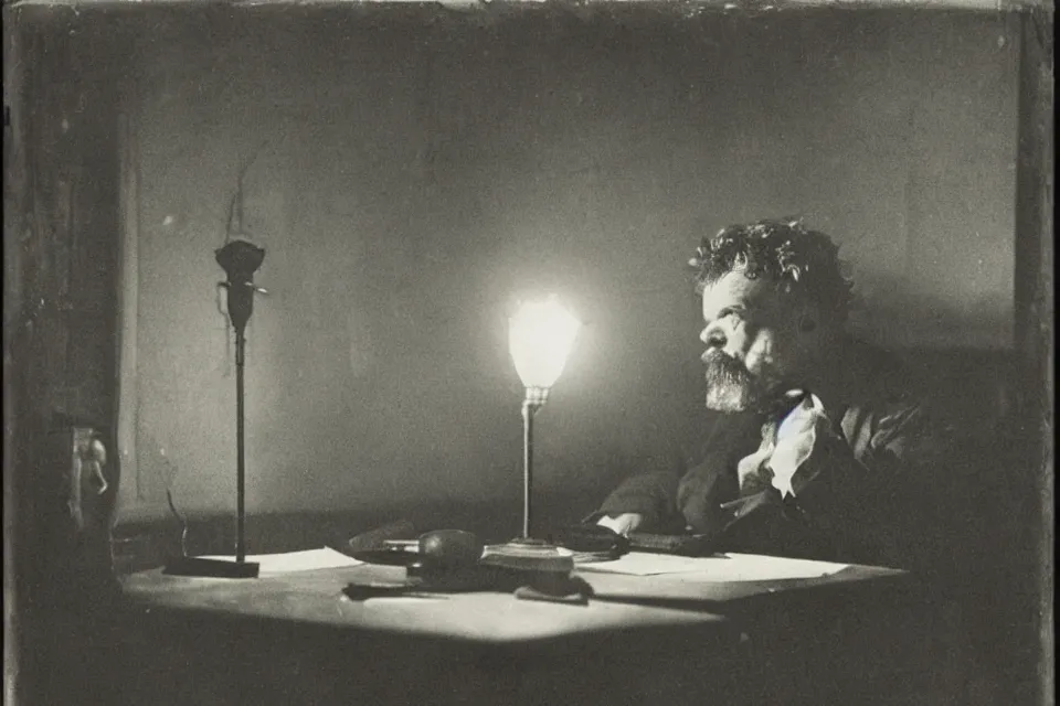 Prompt: wet plate photograph, august strindberg banging his fist on a secretary desk in a small viennese apartment, night time, alone, lamplight, victorian era, depth of field, very detailed, highly accurate, intricate