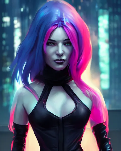 Image similar to Portrait of a futuristic rogue by Charlie Bowater, latex dress, gothic, short red hair, blue and pink rim lights, backlit, action pose, volumetric lighting, 8K, cyberpunk city backdrop, Artstation