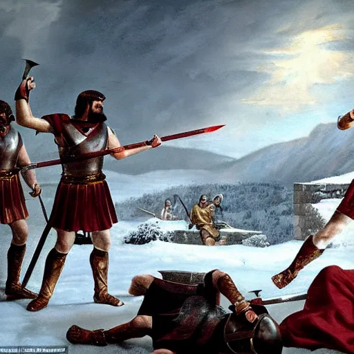 Prompt: ultra realistic leonidas i of sparta and richard the lionheart have a final duel on the snowy peaks, a blizzard is occurring, detailed
