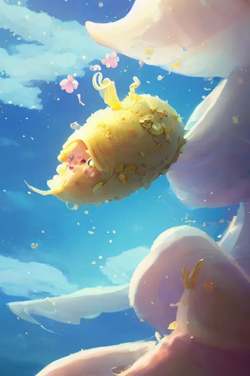 Prompt: a very cute sea slug with flying petals of gold, by rhads, makoto shinkai and lois van baarle, johannes voss, low angle fisheye view, eerie night mist sky whith plump white clouds, elegant, highly detailed, artstation, 8 k, unreal engine, hdr, concept art, volumetric lighting matte