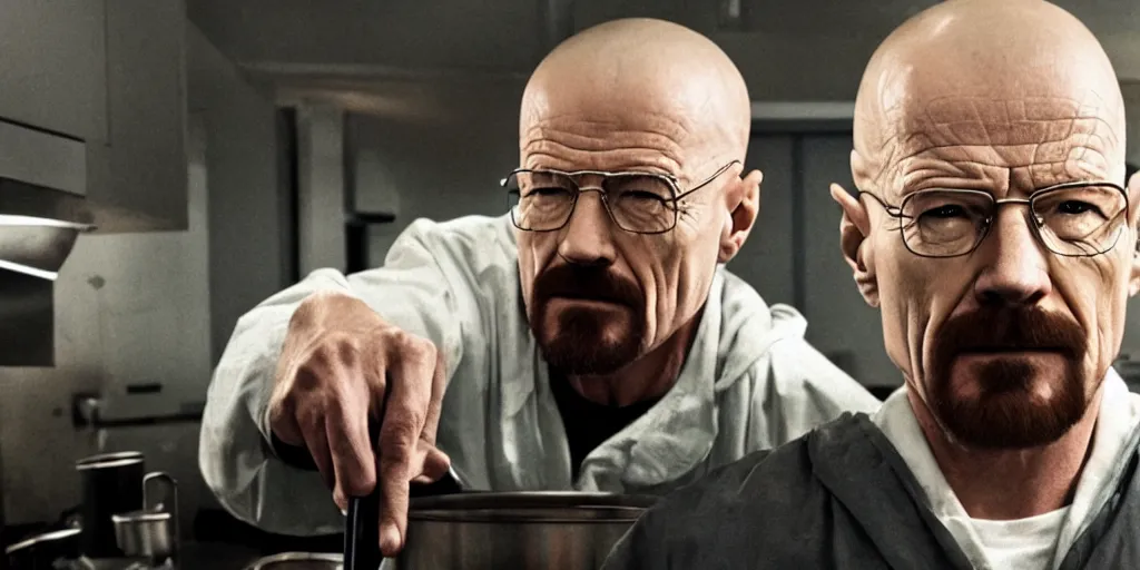 Image similar to walter white from breaking bad in avengers : endgame cooking meth, 8 k, highly realistic, hyperdetailed, cinematic canon lens