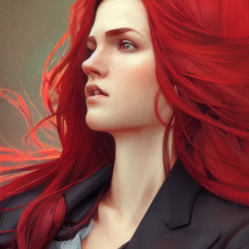 Image similar to a girl wearing a business suit, red hair, cinematic, stunning, highly detailed, digital painting, artstation, smooth, hard focus, illustration, art by artgerm and greg rutkowski and alphonse mucha