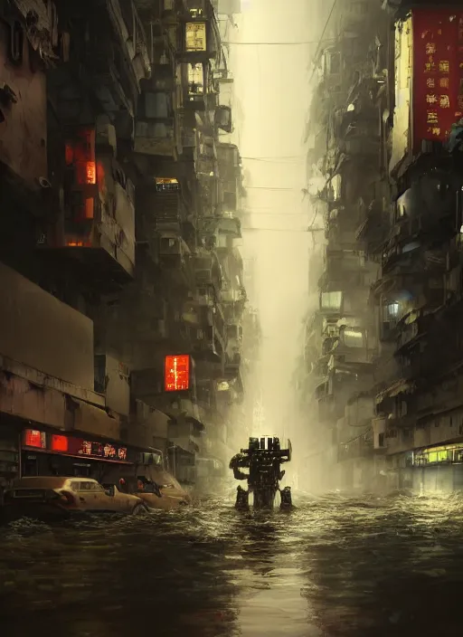 Image similar to dramatic Photorealistic, Matte Painting of a gigantic tall Mobile suit Mech almost filling up a busy post apocalyptic deep flooded Hong Kong city street at night,dark Tall buildings by Greg Rutkowski,Craig Mullins,Hyperrealism,Beautiful dramatic moody lighting,Cinematic Atmosphere,volumetric,Octane Rendering,8K