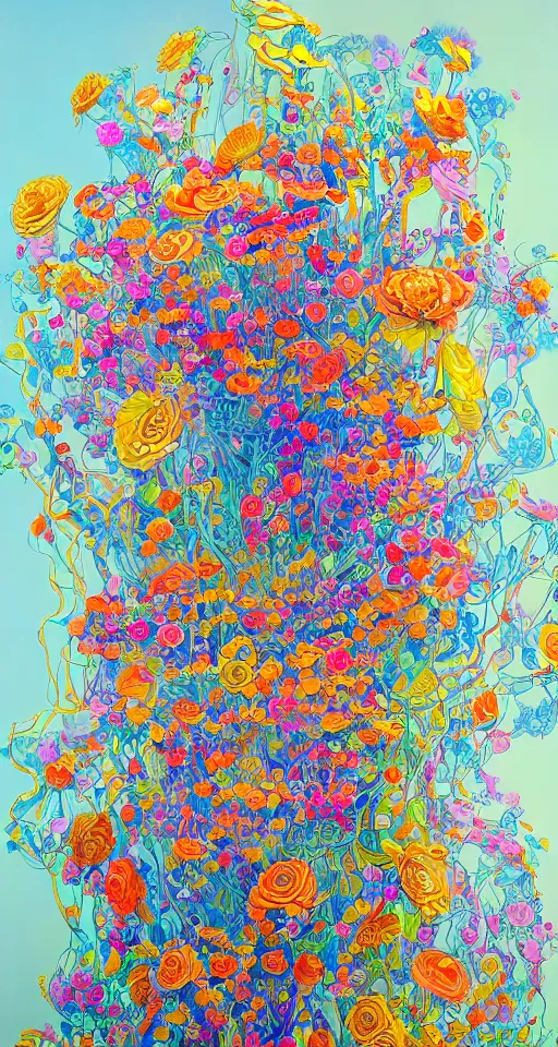 Image similar to a bouquet of ethereal big colorful transparent entangled flowers, direct sunlight, glowing, vivid, detailed painting, by James Jean, masterpiece, award winning painting