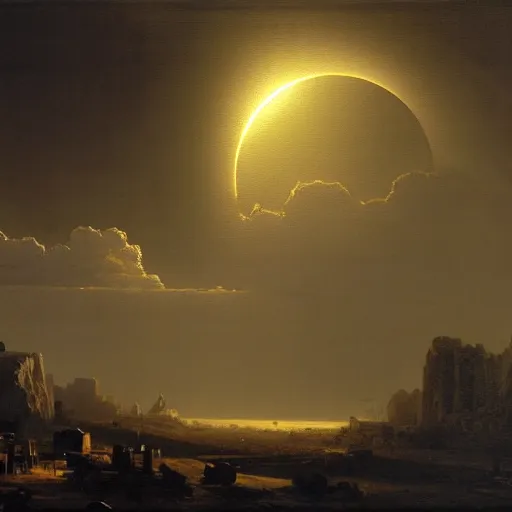 Image similar to dark solar eclipse, above a village, highly detailed, studio 4 k quality, by alexandre calame