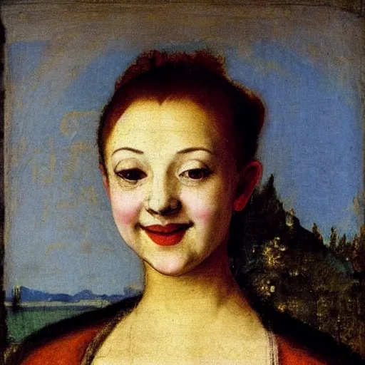 Prompt: portrait of a young woman with a happy face in the year 1550 by the Venetian artist Titian