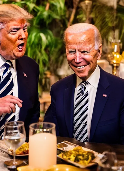 Image similar to Trump and Biden having dinner at a fancy Balinese restaurant, award winning photography, 85mm, perfect faces