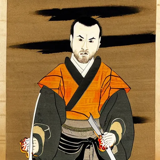 Prompt: jesse pinkman from breaking bad wearing samurai armor and holding a katana in feudal japan, ink block painting, edo period