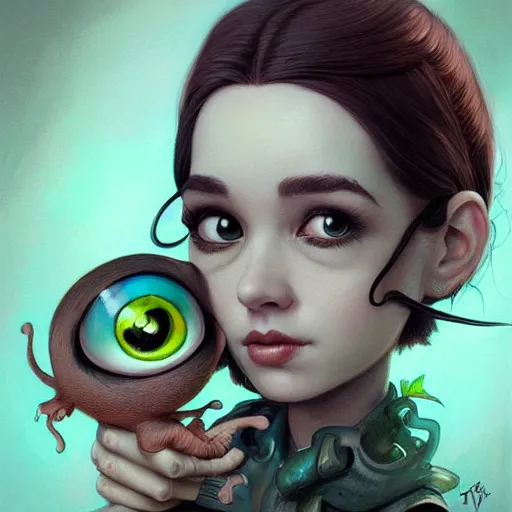 Image similar to Lofi portrait with a small creature, Pixar style by Joe Fenton and Stanley Artgerm and Tom Bagshaw and Tim Burton