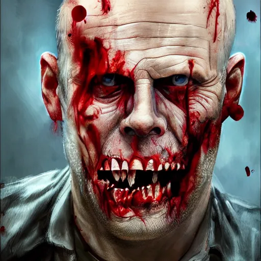 Image similar to a zombie Bruce Willis, by WLOP, horror, wounds, bloody, dark fantasy, trending on artstation