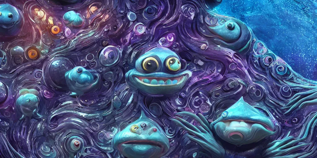 Image similar to of an intricate deep sea with strange cute friendly happy creatures with huge eyes, long tongue, round teeth and goofy funny face, appearing from the background, in the style of gehry and gaudi, macro lens, shallow depth of field, ultra detailed, digital painting, trending artstation, concept art, illustration, cinematic lighting, photorealism, epic, octane render