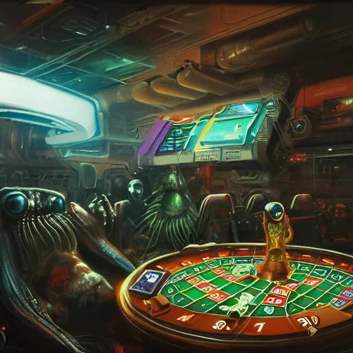 Image similar to used future casino, on a crowded space station, jim henson creature shop, 1 9 8 0 s science fiction, 1 9 7 0 s science fiction, alien 1 9 7 9, cyberpunk, 3 d oil painting, depth perception, 4 k, artstation