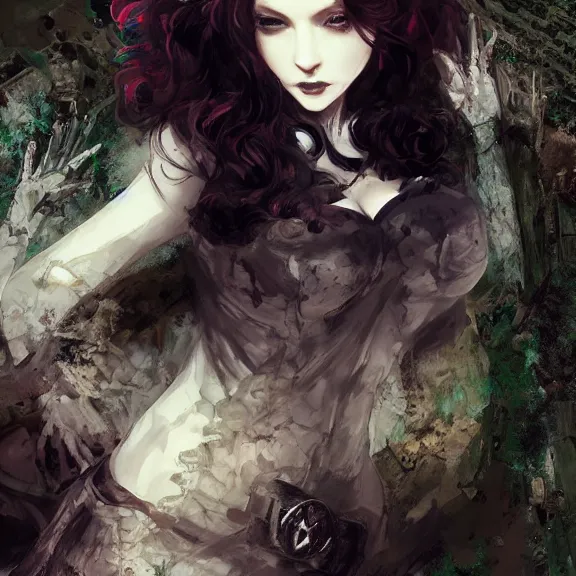 Prompt: christina hendricks!!!!! goth!!!!!, tankoban, 4 k, tone mapping, akihiko yoshida, james jean andrei riabovitchev marc simonetti, yoshitaka amano, long hair, curly, h. hydrochaeri