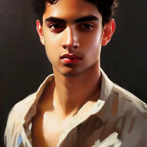 Image similar to oil painting by ilya kuvshinov, baugh casey, rhads, coby whitmore, of a youthful persian - indian college student, male, handsome, curly black hair, outdoors, highly detailed, breathtaking face, studio photography, dawn, intense subsurface scattering, blush, supple look, innocence, intense sunlight