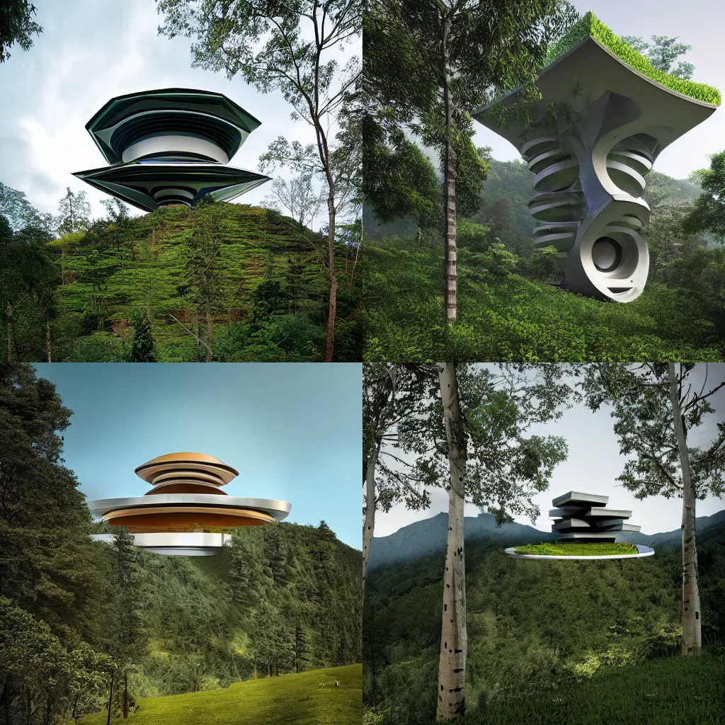 Prompt: futuristic temple on a green hill, surrounded by trees, modernist and tibetan architecture, photographed by Fernando Guerra, photorealistic