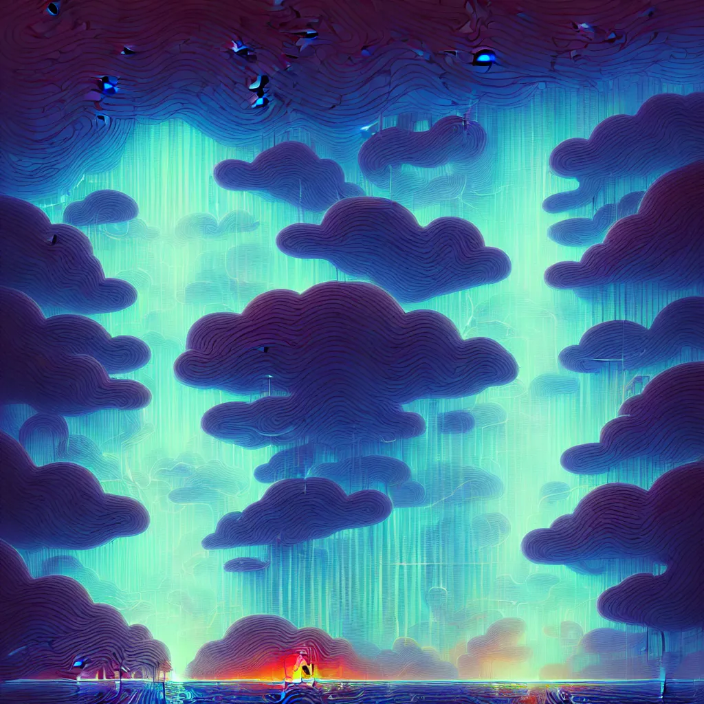 Image similar to illustration of a data-center architecture schema, connector, firewall, cloud, security, river, trees, thunderstorm, trending on Artstation, painting by Jules Julien, Leslie David and Lisa Frank and Peter Mohrbacher and Alena Aenami and Dave LaChapelle muted colors with minimalism