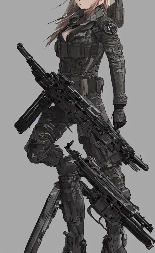 Image similar to highly detailed, high resolution, character design art, stunning, volumetric lightning, realistic guns, girls frontline style, matte, sharp focus, 130mm, illustration, artstation, by yusuke kozaki, professional result, realistic human anatomy, simple design, realistic military gear, metal gear style