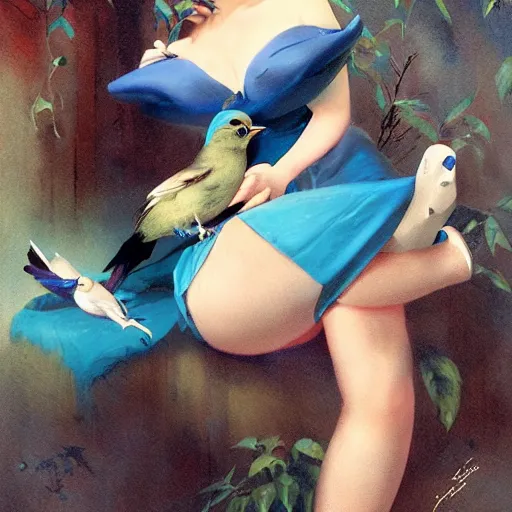 Image similar to pinup girl holding an indigo bunting, bird, the bird is wearing a bowtie, by greg rutkowski, rossdraws, gil elvgren, enoch bolles, anime, porcelain skin, very coherent